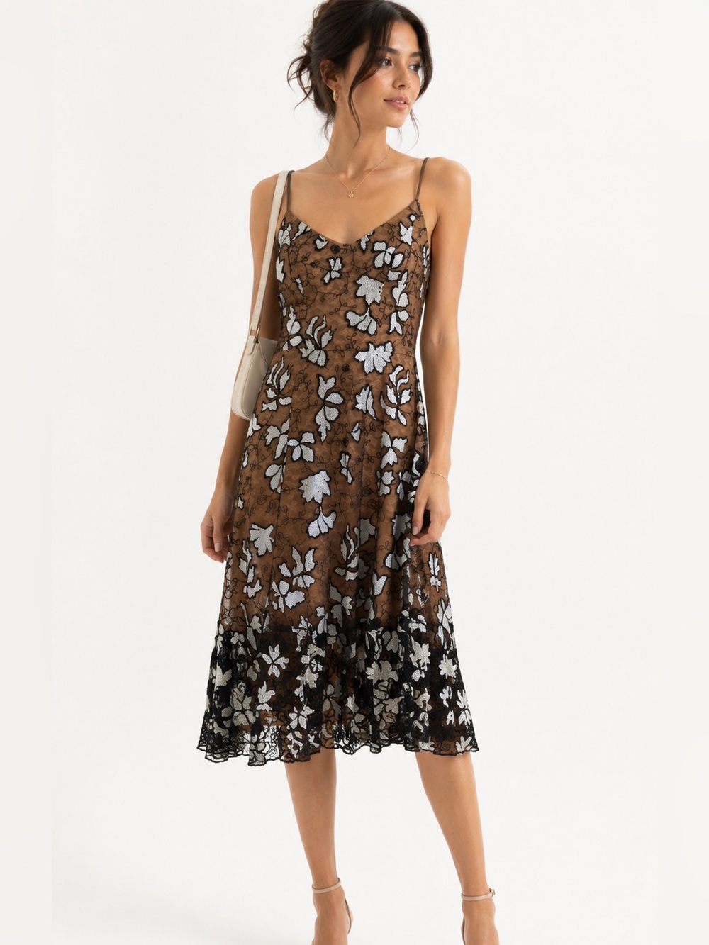 Dress the Population Floral Lace Fit & Flare Midi Dress Size Small Nude Black